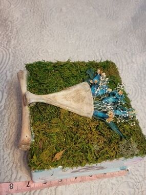 Handcrafted Moss Bone Floral Accent with Teal Blue Bouquet